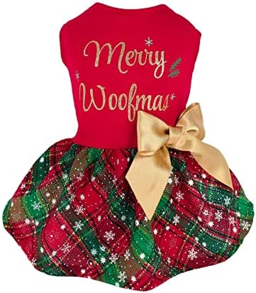 Fitwarm Merry Woofmas 100% Cotton Dog Christmas Outfits Girl Dog Holiday Dress Lightweight Doggie Costume Puppy Clothes Pet Apparel with Bowknot Cat Clothing Red Small