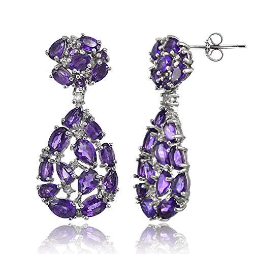 Sterling Silver African Amethyst and White Topaz Cluster Tonal Teardrop Dangle Earrings