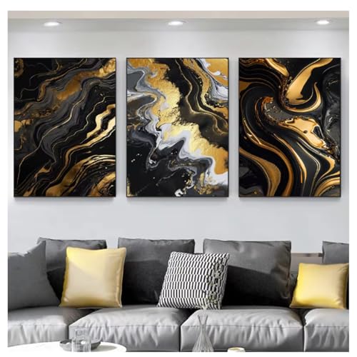 Toile marbre noir et or d'art mural abstrait pour salon moderne
