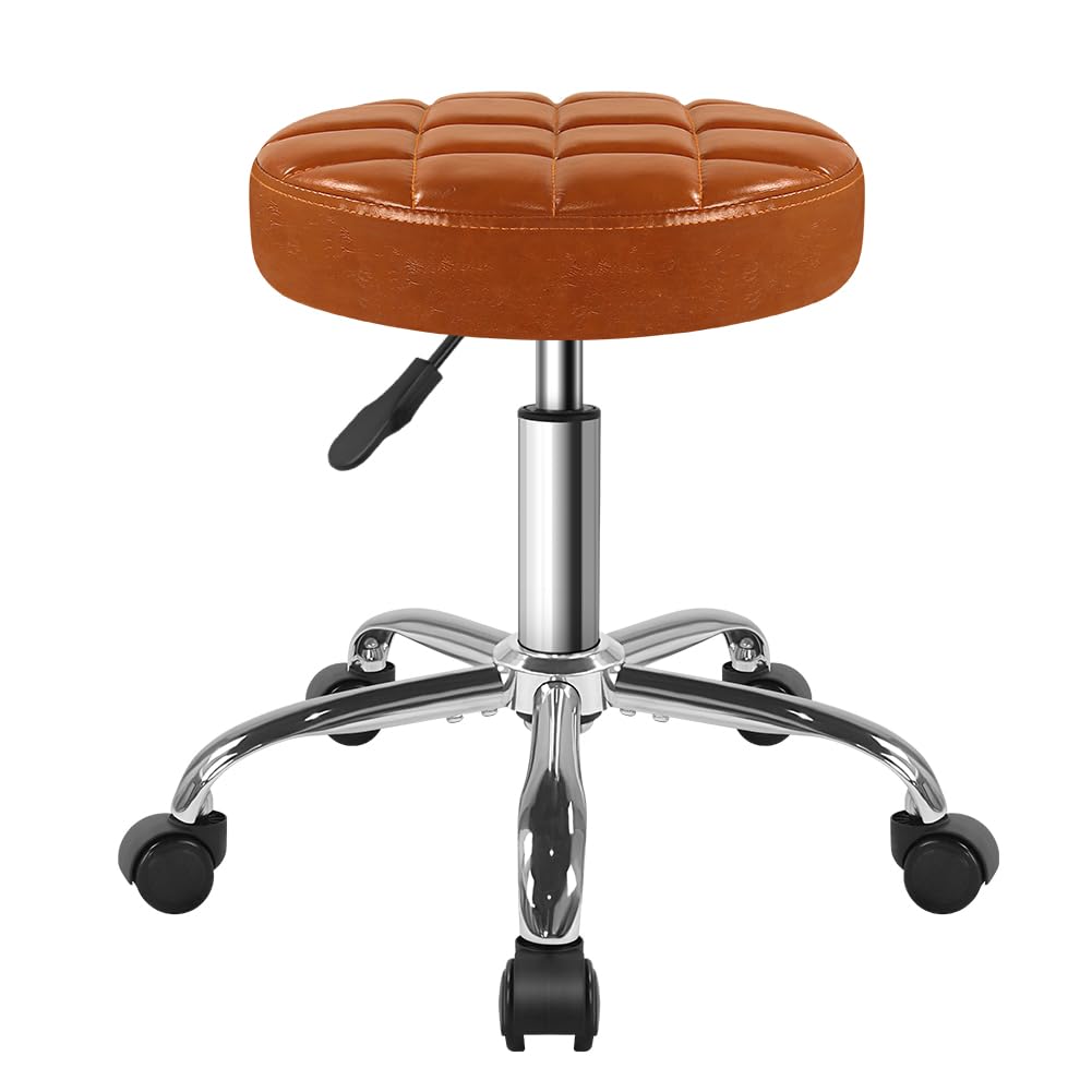BFTOU Sgabello girevole classico con ruota, perfetto per salone, lavoro, casa, spa, negozio, altezza regolabile e conveniente, sedia piccola (marrone)