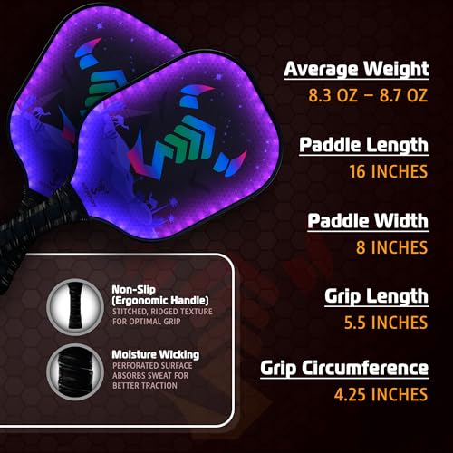 Image of SCORPION LED Pickleball Paddles Set of 2 or 1 - Lightweight Rackets with LED Edge Lighting | Carbon Fiber /Fiberglass /Wood Face | Durable Paddles for Women, Men, and Kids | Includes Bonus Accessories