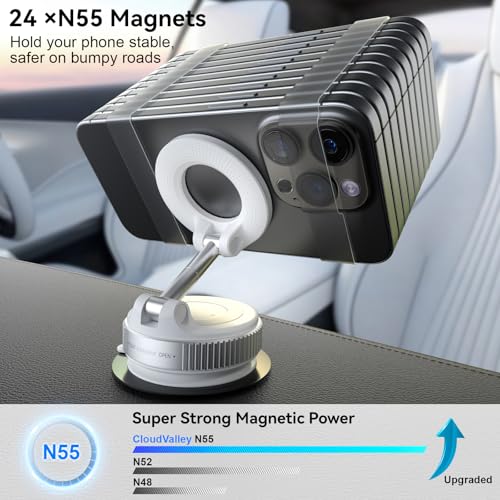 Image of CloudValley Magnetic Car Phone Holder, [360 Adjustable] Car Phone Holder, [Strongest Magnetic] Foldable Suction Car Holder for iPhone MagSafe Series and All Phones,White