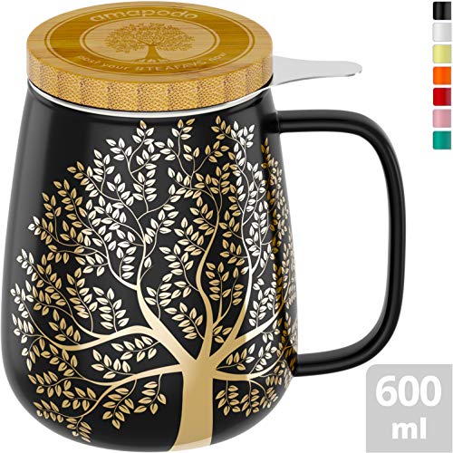 amapodo Lot de tasses à thé avec couvercle et passoire en porcelaine Noir Taille XXL 600 ml