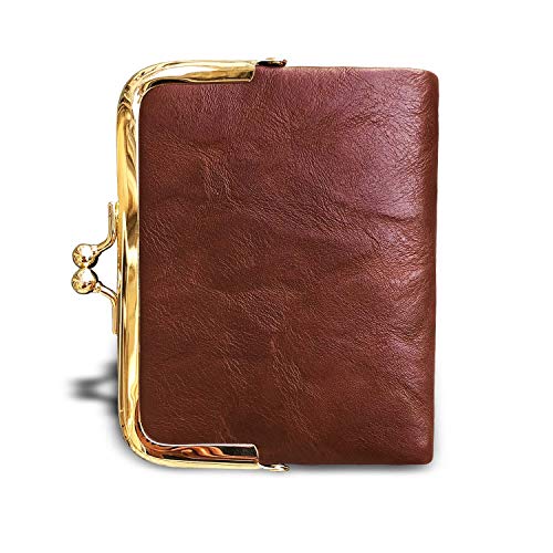 Image of AOXONEL Womens Wallet Small Rfid Ladies Compact Bifold Leather Vintage Coin Purse With Zipper and Kiss Lock, Brown, Small