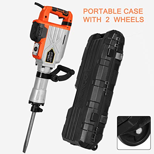 SUNCOO Electric Demolition Jack Hammer, 1900BPM Heavy Duty Jackhammer Powerful Rock Pavement Concrete Breaker Drills Kit with Gloves, Wheeled Case, Goggle and Flat&Point Chisels Bits