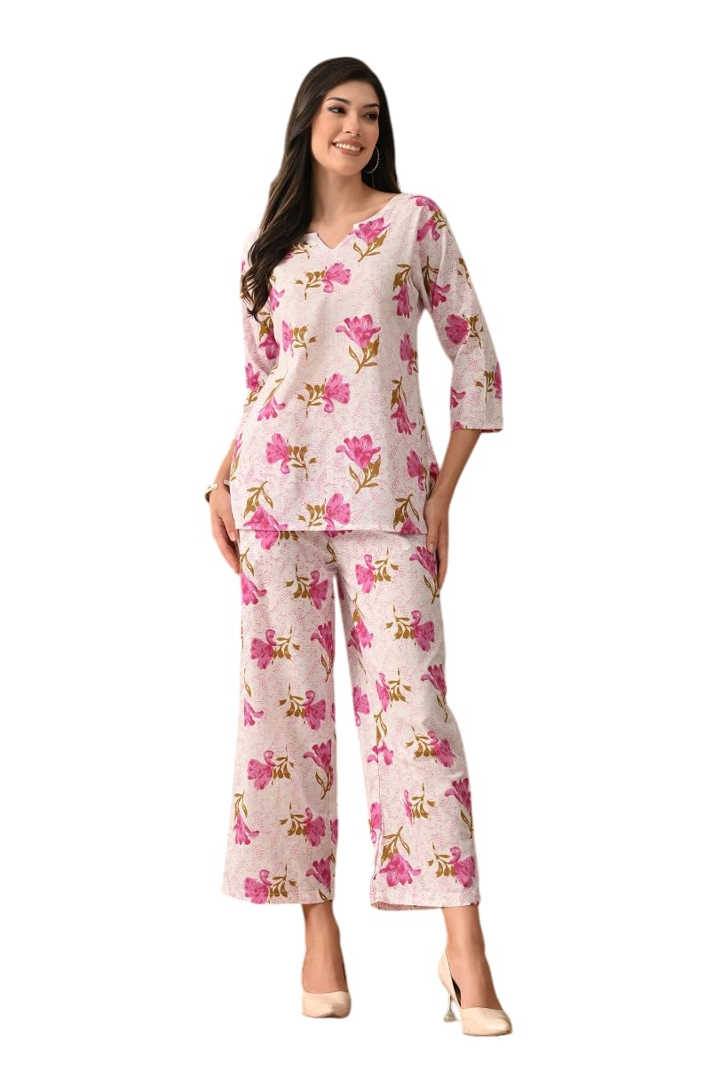 Women's Cotton Floral Printed V-Neck Night Suit Set of Top & Pyjama Night wear Dress (Pink)-picture-45