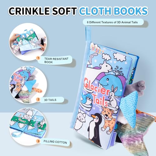 Image of Jollybaby Baby Cloth Books, Touch & Feel Crinkle Soft Books, for Infants Babies, Toddler Early Educational Interactive Stroller Toys, Baby Girl & Boy Gift(Glacier Tails)