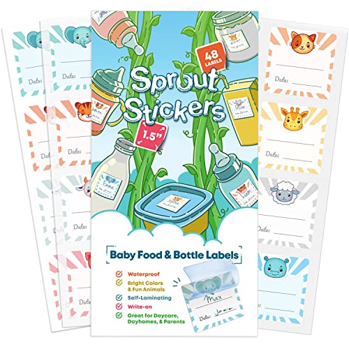 Sprout Stickers Baby Bottle Labels for Kids and Babies - 48 Self Laminating Daycare Labels for Bottles - Waterproof, Washable Dishwasher Safe - Personalized Reusable Bottle Labels, Name Labels