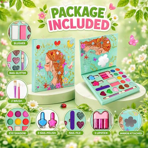 Image of VikriDA Kids Makeup Kit for Girls, Washable Pretend Play Makeup Set with Folding Cosmetic Case, Safe Non-Toxic Children Beauty Toy