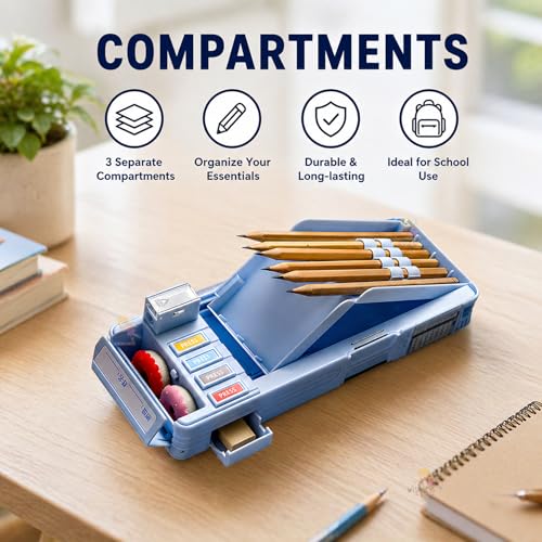 Image of WISHKEY Astronaut Theme Pencil Box for Kids, Dual Side Pencil Box with Magnetic Lock, Multifunctional Pencil Case with Pencil Holder, Storage Compartments, Built-in Sharpener (Pack of 1, Blue)