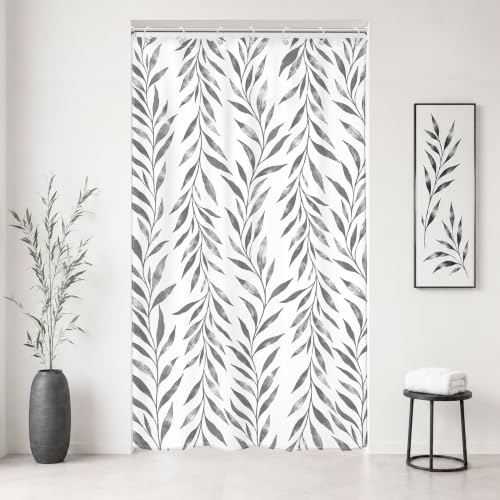 Small Stall Grey Leaf Shower Curtain Set Chevron Botanical Bathroom Decor