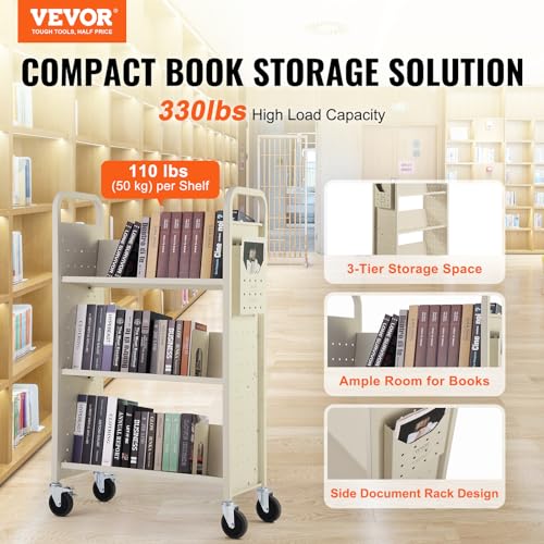 Image of VEVOR Book Cart, 330 lbs Library Cart, 31.1 inch x 15.2 inch x 49.2 inch Rolling Book Cart, Single Sided V-Shaped Sloped Shelves with 4-Inch Lockable Wheels for Home Shelves Office and School, Book Truck in Cream