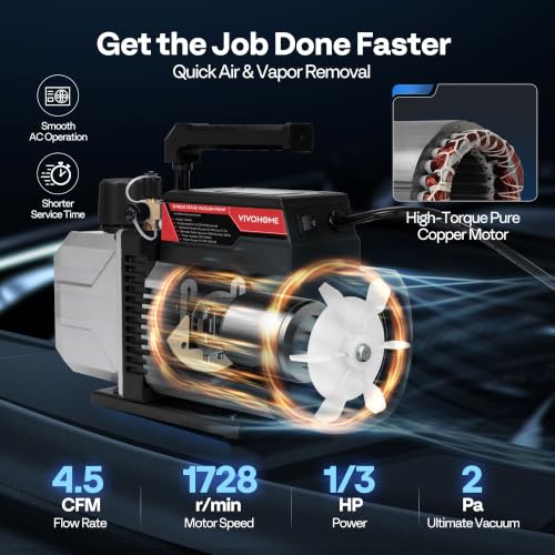 Image of VIVOHOME 1 /3 HP 4.5CFM 1 Stage HVAC Vacuum Pump and 4 Way AC Manifold Gauge | 110V AC Vacuum Pump Kit, Leak Detector, 5ft Hoses, for R134a R410a R12 R22 R502 Air Conditioning Refrigeration Recharging