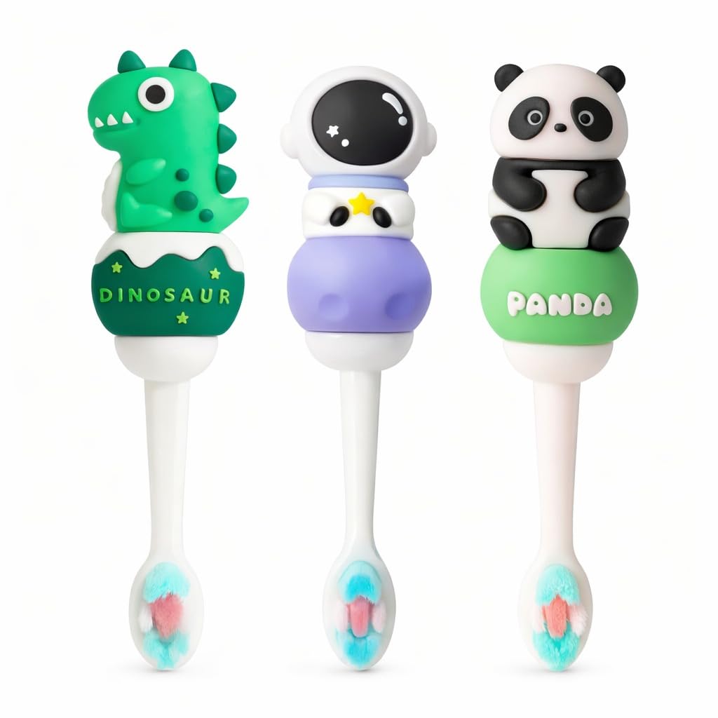 nestlooms kids toothbrush cartoon shape, toddler ultrasoft toothbrush, extra microfiber super soft bristles toothbrush for 1-7 years old children, boys and girls, manual toothbrush for kids, non-slip comfortable handle combo of 3 (cute panda,orbit baby,green dino)