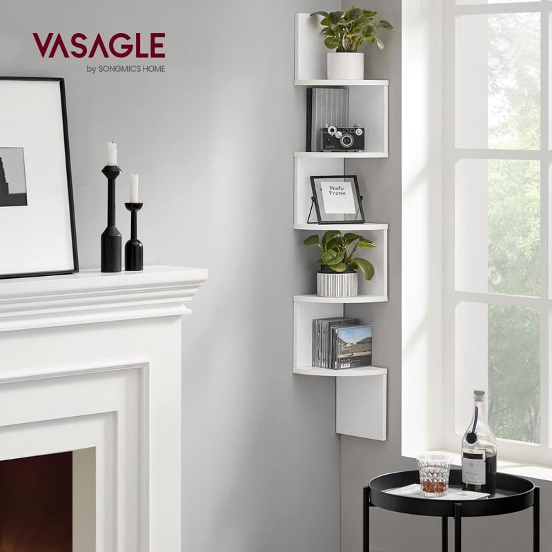 VASAGLE Corner Shelf Wall Mount, 5-Tier Floating Corner Bookshelf, Plant Shelf for Bedroom, Living Room, Bathroom, Home Office, Cloud White
