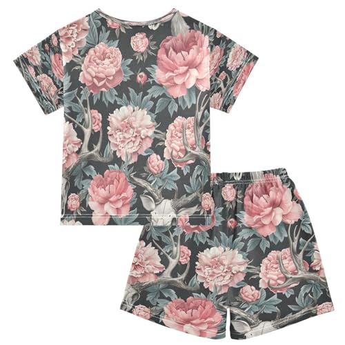 senya Short Sleeve Pajamas Sets Summer Cotton Sleepwear Deer Skull and Pink Flower2