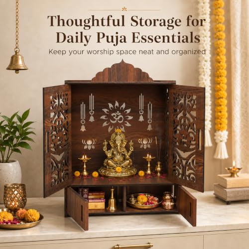 Image of The Castle Decor Wooden Mandir for Home, Wall Hanging & Tabletop Pooja Temple with Double Doors, Om & Lotus Cutwork, Storage Cabinet, Dark Walnut MDF for Pooja Room, 10.6 x 20 x 16.7 Inch (Design-2)