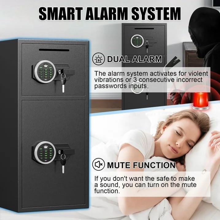 Image showing three ways to open the safe: passcode and knob, key and knob, or USB power with passcode and knob.
