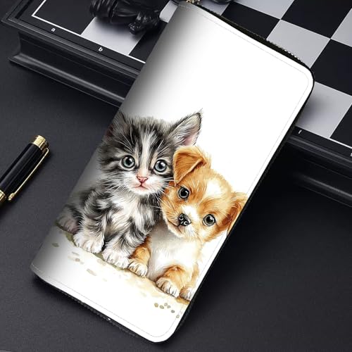 Image of RFID Blocking Leather Wallet for Women - Large Capacity Zip Around Clutch with 8 Card Slots,35 Cash Pockets & Coin Zipper,Cute Cat and Dog Watercolor Art