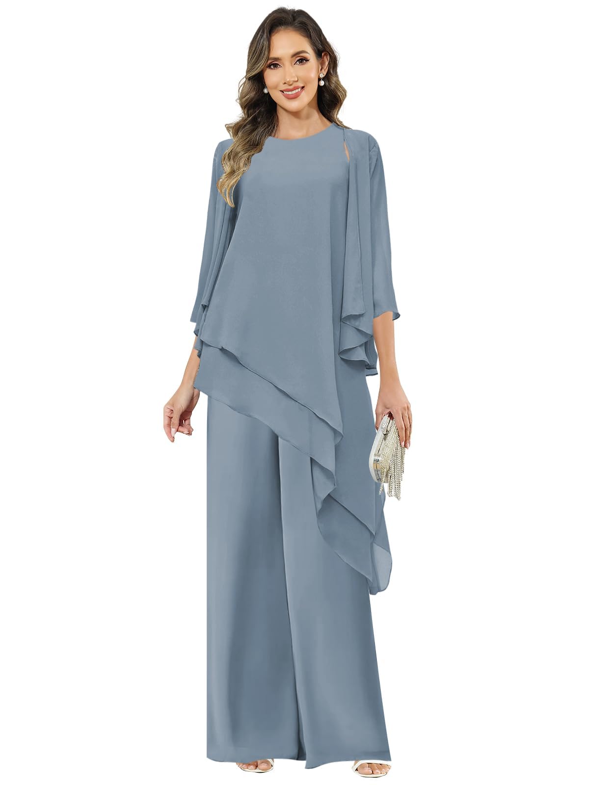 3 Stück Hosenanzug Damen Festlich Elegant,Chiffon Rüschen Mutter der Braut Hosenanzüge 3/4 Ärmel Hochzeit Jumpsuits