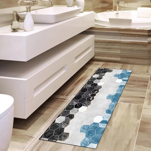 Alfombra de pasillo antideslizante geométrica azul para proteger suelos 4