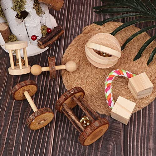 Cccymm 6 Pcs Pet Natural Wooden Chew Toys Dumbells Exercise Bell Molar Toy For Parrot, Rabbit, Chinchilla, Guinea Pig, Hamster Small Animals - 3