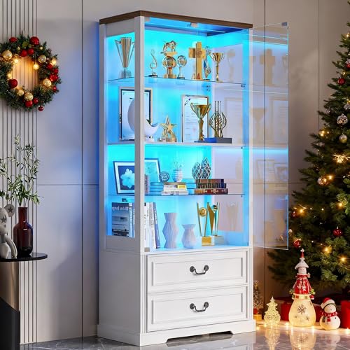 Image of TAGELIER 67 inch Tall Display Cabinet with Glass Doors and LED Lights, White