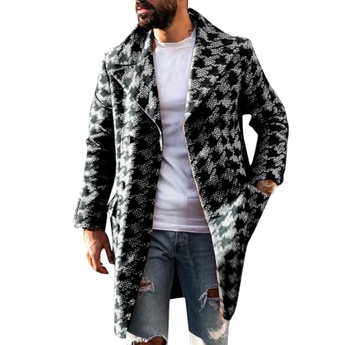 Mens Trench Coat Fashion Houndstooth Print Notched Collar Jacket Windbreaker Overcoat Fall Winter Warm Coats, Black, 5X-Large