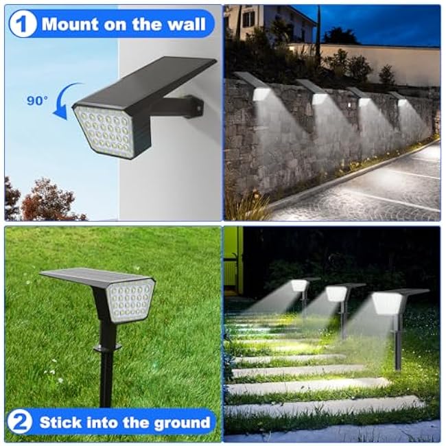 Solar Spot Lights Outdoor, IP65 Waterproof 44 LED Landscape Spotlights, Solar Powered Spotlight with Auto On/Off and 3 Lighting Modes for Outside Garden Decor, 4 Pack (Cool White)
