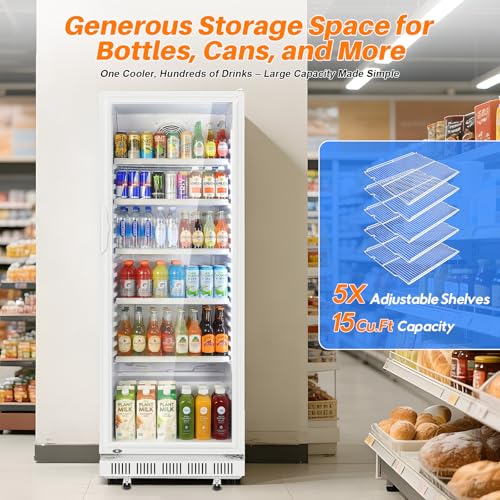 Image of Commercial Beverage Refrigerator, 24.5 inch Glass Door Display Fridge, 15 Cu.Ft Beverage Cooler with 5 Adjustable Shelves, Auto Rebound Door, Low Noise, for Shops, Restaurants & Bars WHITE