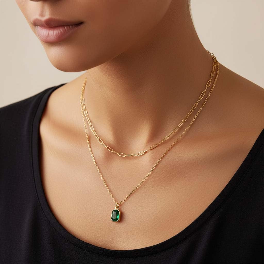 18K Gold Plated Layered Necklace for Women Dainty Crystal Necklace Paperclip Choker Chain Vintage Jewelry Gifts Birthstone