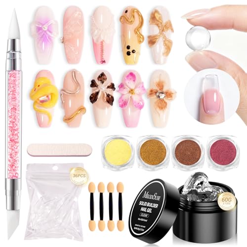 Image of MelodySusie Solid Builder Nail Gel Kit 3D Nail Gels Sculpting Gel for Art Non-Sticky Hand Carving Glue Extension with Sequins Chrome Powder DIY Salon Home 60g