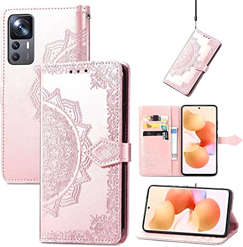 SCRENDY Coque pour Xiaomi 12T Pro/Xiaomi 12T 5G, Retro Motif Mandala Coque PU Cuir Antichoc Étui de Protection, Pochette Housse Portable Magnétique Flip Portefeuille Case, Or Rose Cover