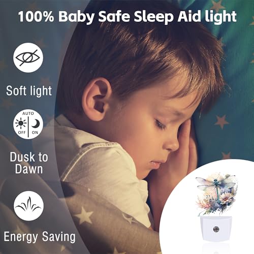Image of Watercolor Dragonfly Flowers Night Light, Vintage Insect Botanical Floral Leaves Dusk to Dawn Night Light Plug in,0.5w Energy Saving Sleep Friendly NightLight for Kids Boys Girls Home Decor