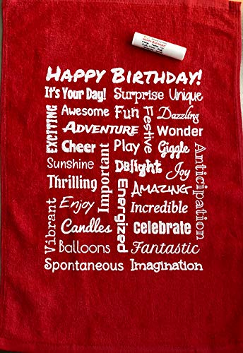 Urban ReLeaf Happy Birthday Towel & Lip Balm Gift Set, Red Greeting Card, Celebration Present, Loving Fun Positive Caring Surprise Message