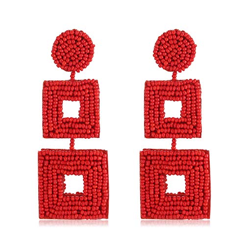Beaded Drop Earrings Handmade Seed Bead Square Hoop Drop Earrings Bohemia Statement Layered Earring Studs For Women Girls (Red)