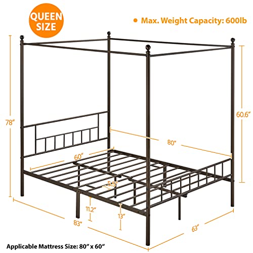 Yaheetech Metal Canopy Platform Bed Frame Four-Poster Canopied Bed Mattress Foundation With Headboard And Footboard Sturdy Slatted Structure No Box Spring Needed Easy Assembly Queen Bronze #TOP1
