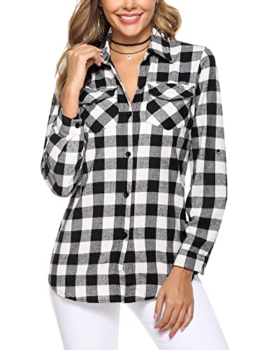 Irevial Damen Karierte Bluse Karo Flanell Hemden Classic Button-down...