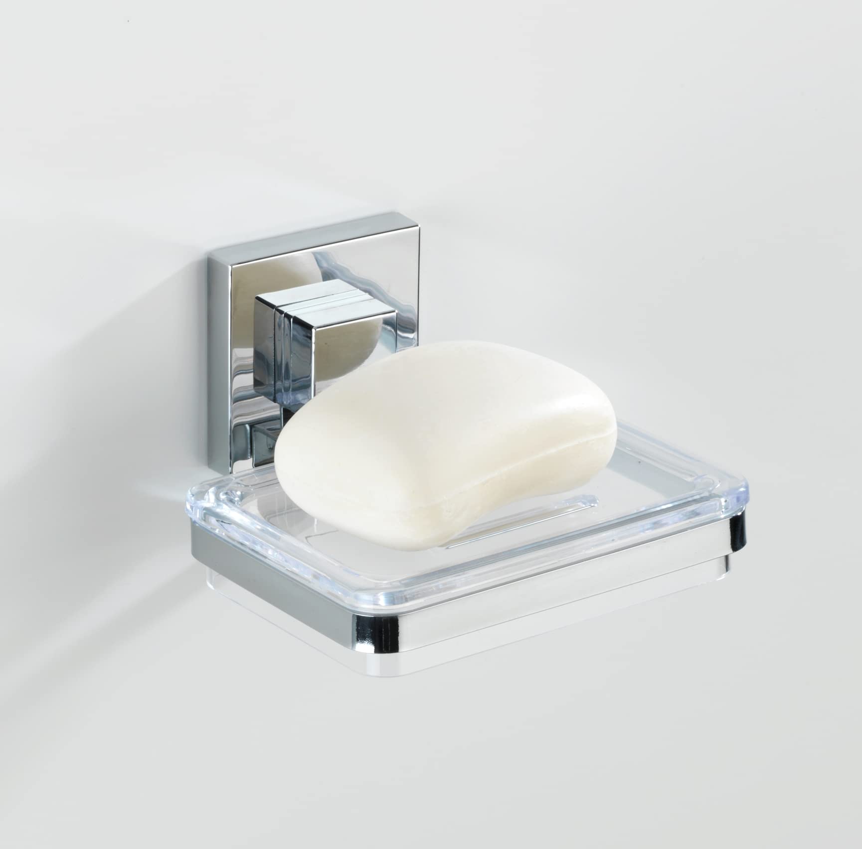 WENKO Vacuum-Loc® mydelniczka ścienna Quadro, mydelniczka do łazienki i kuchni, uchwyt ścienny bez wiercenia, nierdzewna, błyszcząca stal nierdzewna z przezroczystą miską z tworzywa sztucznego, 12 x 6,5 x 12 cm