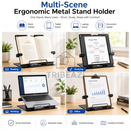 Image of Adjustable Metal Book Stand for Study, Cookbook Holder for Kitchen, Foldable Book Holder, Ergonomic Reading Rest with Page Clips, Multi-Angle Desktop Stand for Books, Tablets, & Office Use