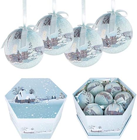 The Christmas Workshop Set of 14 Christmas Baubles / Various Festive Designs / Gift Boxed Christmas Tree Decorations / 7.5cm Diameter Baubles (Blue & White Snow Village)