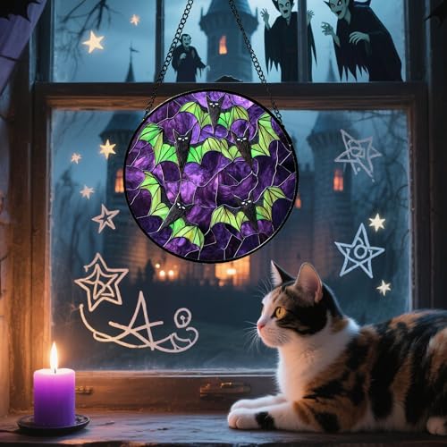 Image of Stained Glass Window Hanging - Halloween Decorations Black Bat with Green Wings Suncatcher for Doors Garden Indoor Spooky Sun Catchers Gothic Decor Horror Gifts for Women Men Friend 9.8 in