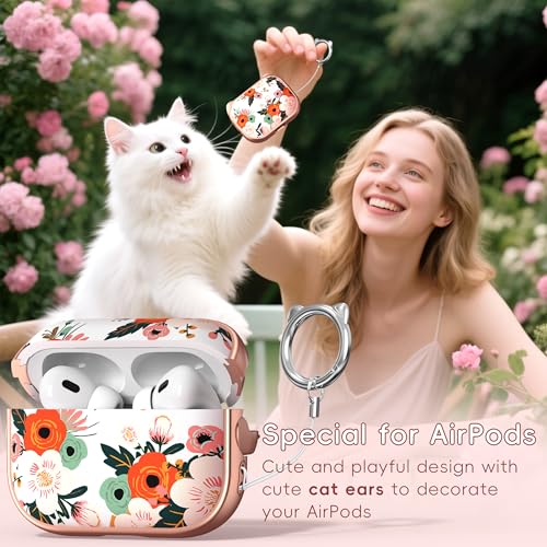 Image of for AirPods Pro 2 Case with Cleaning Kit, Cute Cat Ear Print Design & Cute Buckle for Girls, Phone Holder & Top Safe Lock Buckle Design for AirPods Pro 2nd /1st Gen case, Rose Gold Flower