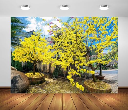 BELECO 7x5ft Fabric Vietnam Backdrop Apricot Tree Blossoms Yellow Spring Flowers Old House Garden Background Vietnamese Party Decorations Lunar New Year Decor Banner Photoshoot Props