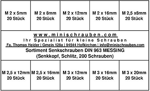 Image secondaire de Boîte d'assortiment avec Lot de 200 petits Senk Vis après DIN 963 en laiton (M2 Tête fraisée M2,5 et M3), plat,. minischrauben