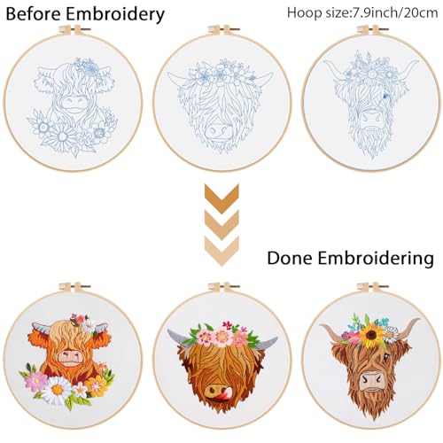 Image of Louise Maelys 3 Sets Highland Cow Embroidery Kits for Beginners,Cross Stitch Kit for Adults,Starters DIY Needlepoint Including Embroidery Hoop Cloth Needles Instruction and Threads