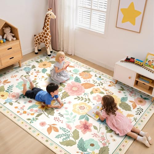 Floral 5x7 Area Rug Machine Washable Soft Print Boho Carpet Non Slip Doormat Low Pile Flower Area Rugs for Living Room Bedroom Nursery Kitchen Dining Room Indoor-Beige/White/Orange