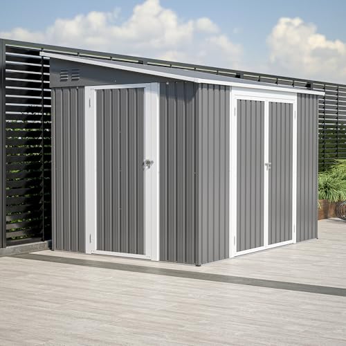 Image of YOPTO 8x6 FT Lean to Outdoor Storage Shed W /Adjustable Lockable Double Side Doors,Metal Shed W /Floor Frame & 2 Air Vents,Garden Tool House W /Updated Frame Structure,for Backyard Patio Lawn,Gray