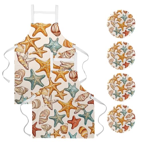 Lot de 2 tabliers de cuisine aquarelle coquillages avec 4 broches pour restaurant et pâtisserie