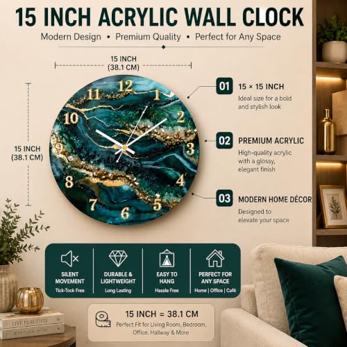 Ingo Creation 40CM Acrylic Wall Clock, Teal Green & Blue - Image 4